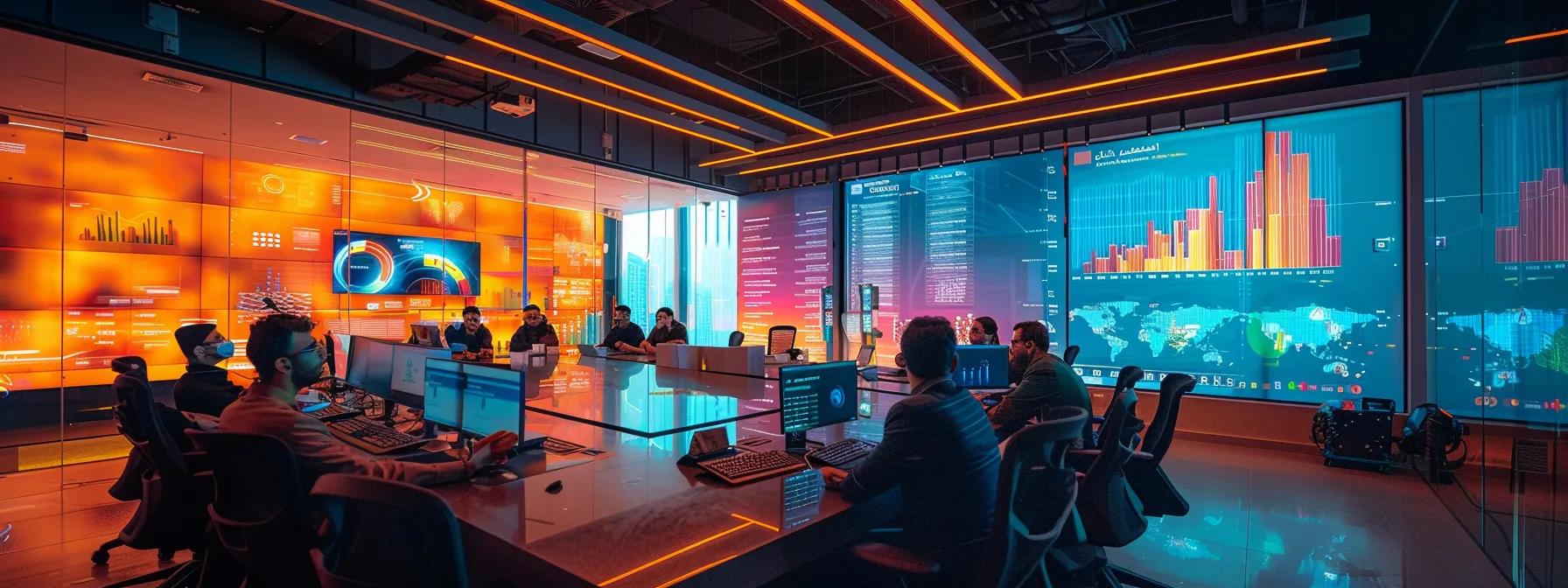a sleek, modern office in dubai showcases a diverse team engaged in dynamic discussions around digital marketing strategies, with vibrant screens displaying arabic content metrics and social media graphs illuminating the room's high-tech atmosphere.