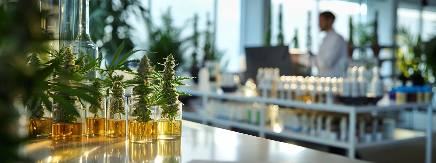 a sleek, modern office interior showcases a professional discussing high-quality cbd products, with an array of meticulously arranged full spectrum cbd flower samples elegantly displayed on a polished conference table, highlighting a vibrant and inviting atmosphere.