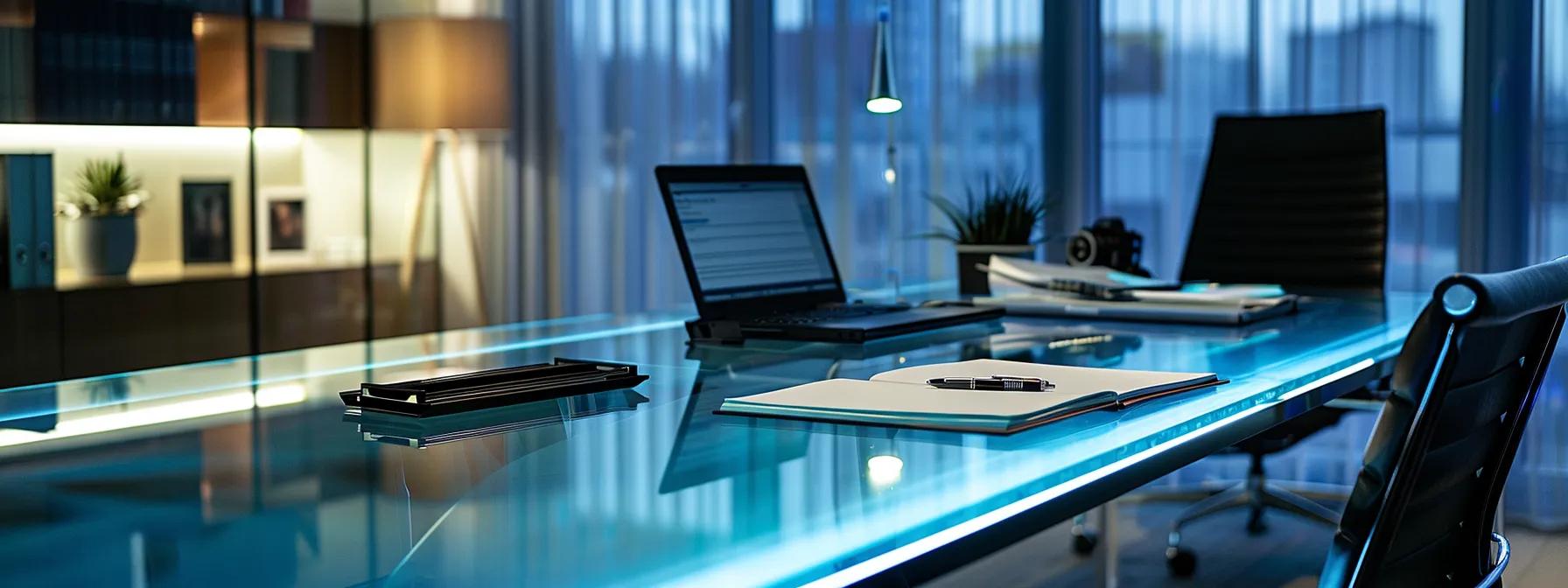 a sleek, modern office interior showcases a glass desk cluttered with legal documents and a laptop displaying a detailed breakdown of notary service costs, illuminated by warm ambient lighting that emphasizes the professional atmosphere. a sleek, modern office interior showcases a glass desk cluttered with legal documents and a laptop displaying a detailed breakdown of notary service costs, illuminated by warm ambient lighting that emphasizes the professional atmosphere.