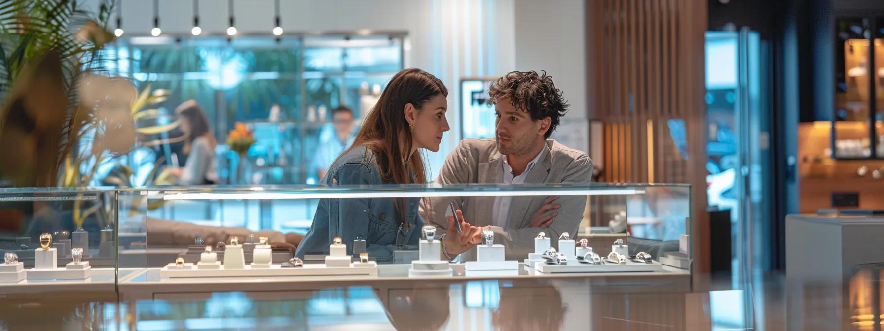 a sleek, modern office interior is filled with vibrant, luxurious engagement rings on display, as a focused couple engages in serious discussion, surrounded by elegant decor that emphasizes the importance of realistic budgeting for their purchase. a sleek, modern office interior is filled with vibrant, luxurious engagement rings on display, as a focused couple engages in serious discussion, surrounded by elegant decor that emphasizes the importance of realistic budgeting for their purchase.