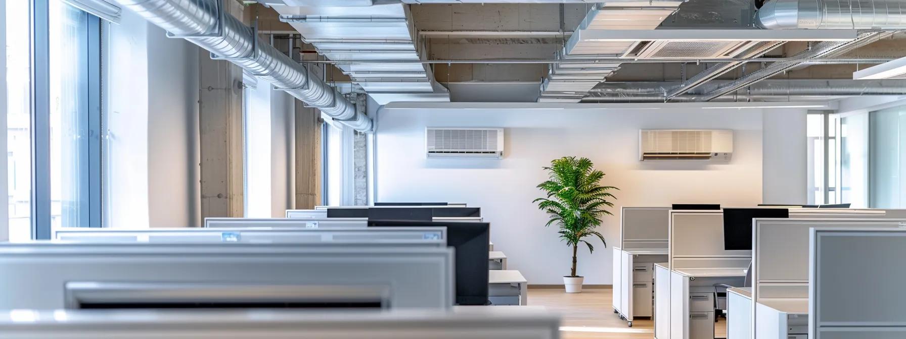 a sleek, modern office interior showcases a variety of commercial air conditioning systems mounted on walls and ceilings, emphasizing advanced technology and efficiency in a bright, well-lit environment.