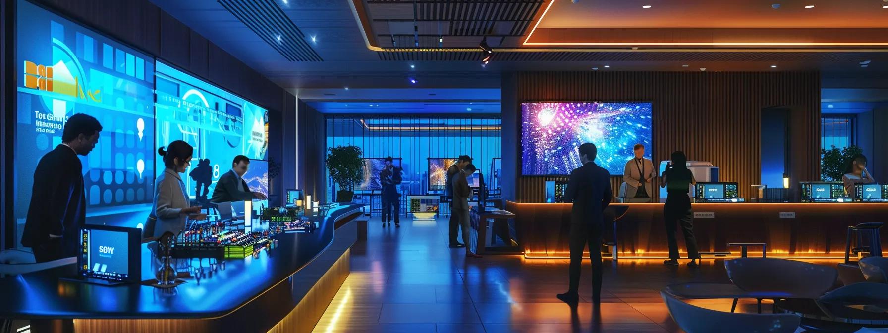 a sleek, modern office interior showcases a diverse group of engaged professionals collaborating around a large table, with vibrant screens displaying user-friendly ux designs that enhance member engagement and retention.