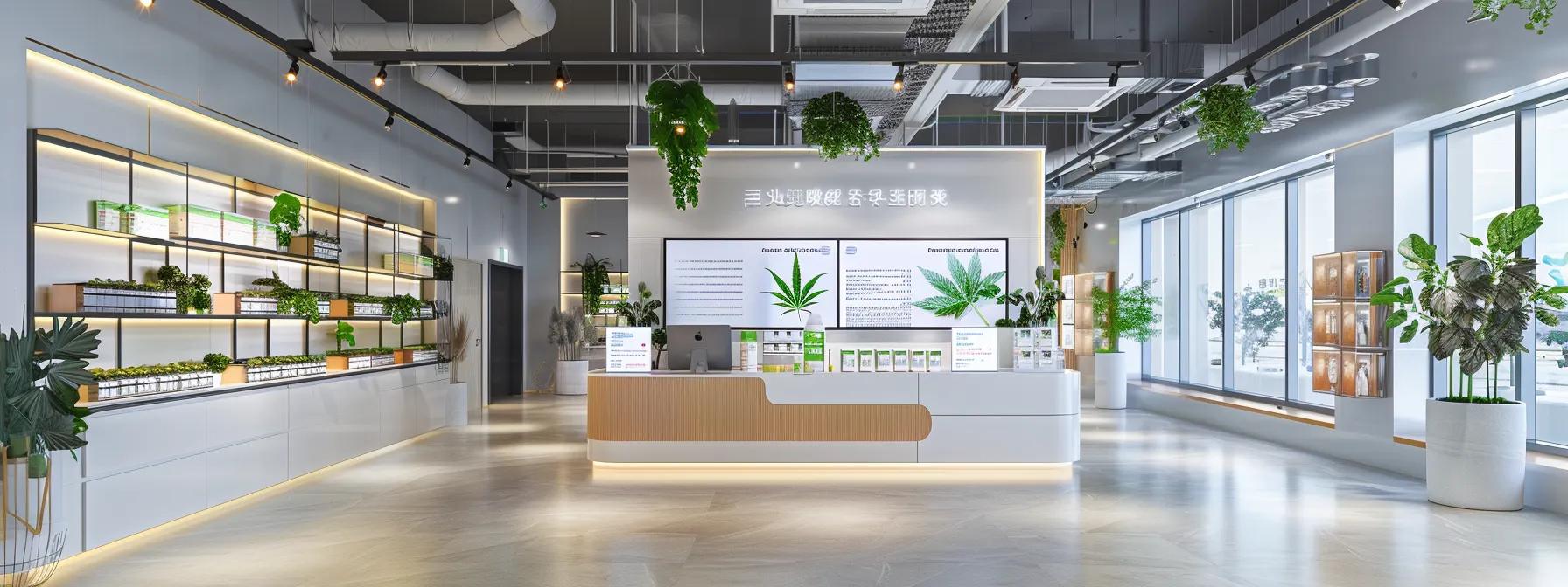 a sleek, modern office interior showcases a high-resolution digital interface featuring an interactive display of full-spectrum cbd flower selections, complete with detailed infographics and vibrant product images that emphasize scientific attributes and therapeutic uses, illuminated by dynamic lighting for a tech-savvy ambiance.