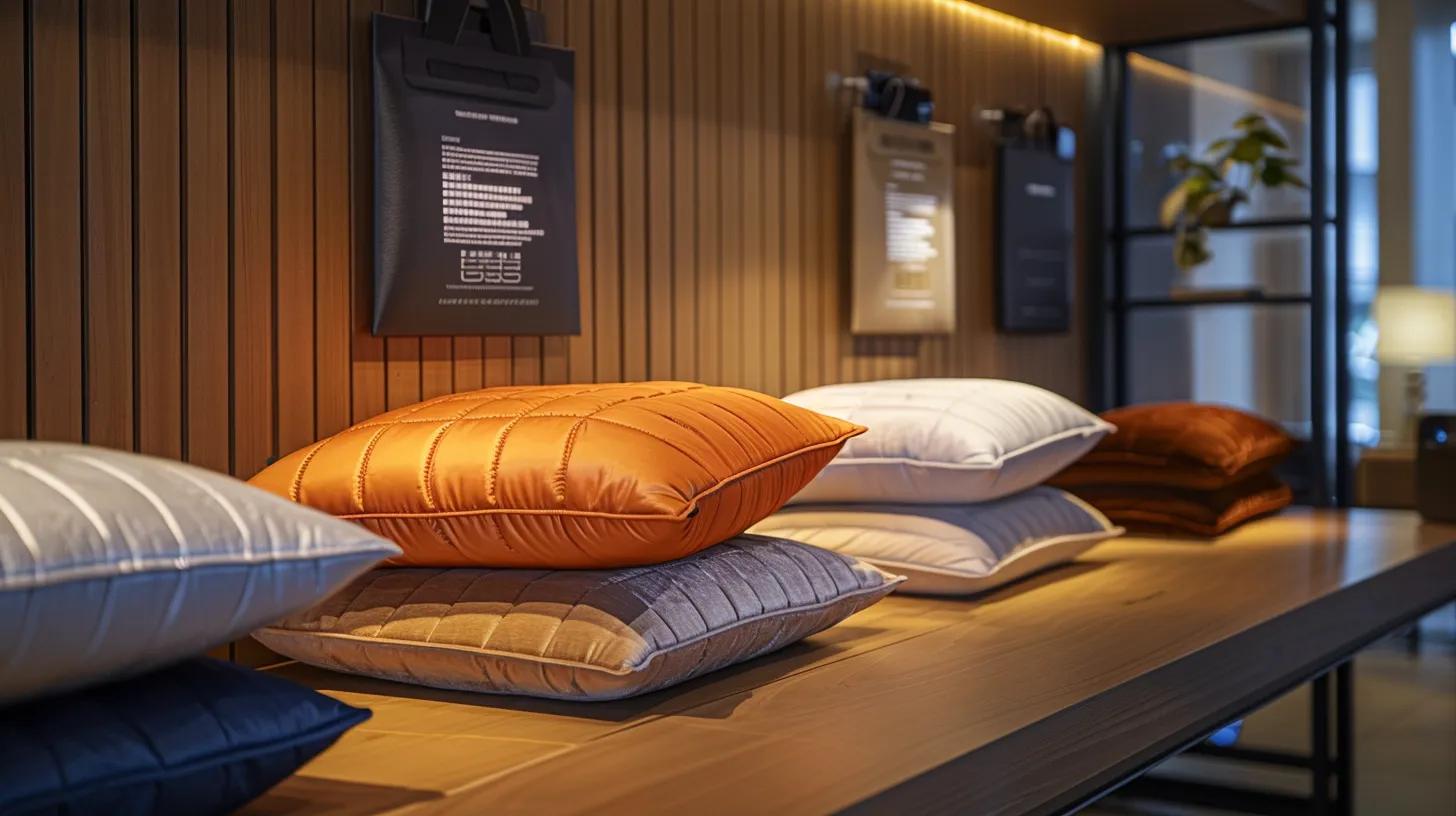 a sleek, modern office interior showcases a stylish display of premium pillows on a polished wooden table, with a subtle spotlight illuminating key features like material tags and warranty cards, emphasizing the luxurious comfort and variety available for discerning customers. a sleek, modern office interior showcases a stylish display of premium pillows on a polished wooden table, with a subtle spotlight illuminating key features like material tags and warranty cards, emphasizing the luxurious comfort and variety available for discerning customers.