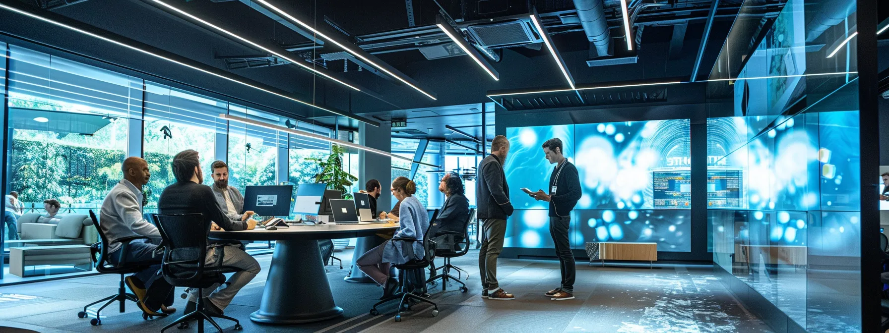 a sleek, modern office interior filled with vibrant technology displays, showcasing a dynamic team collaborating intently over a digital project on a large touchscreen, illuminated by cool, focused lighting.