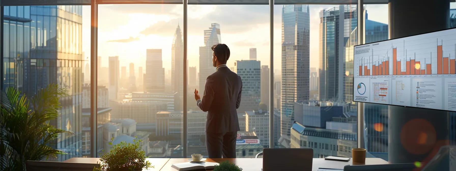 a sleek, modern office interior featuring a confident business professional presenting a clear visual representation of s corporation benefits, with charts and documents highlighting pass-through taxation strategies against a backdrop of a bustling city skyline.