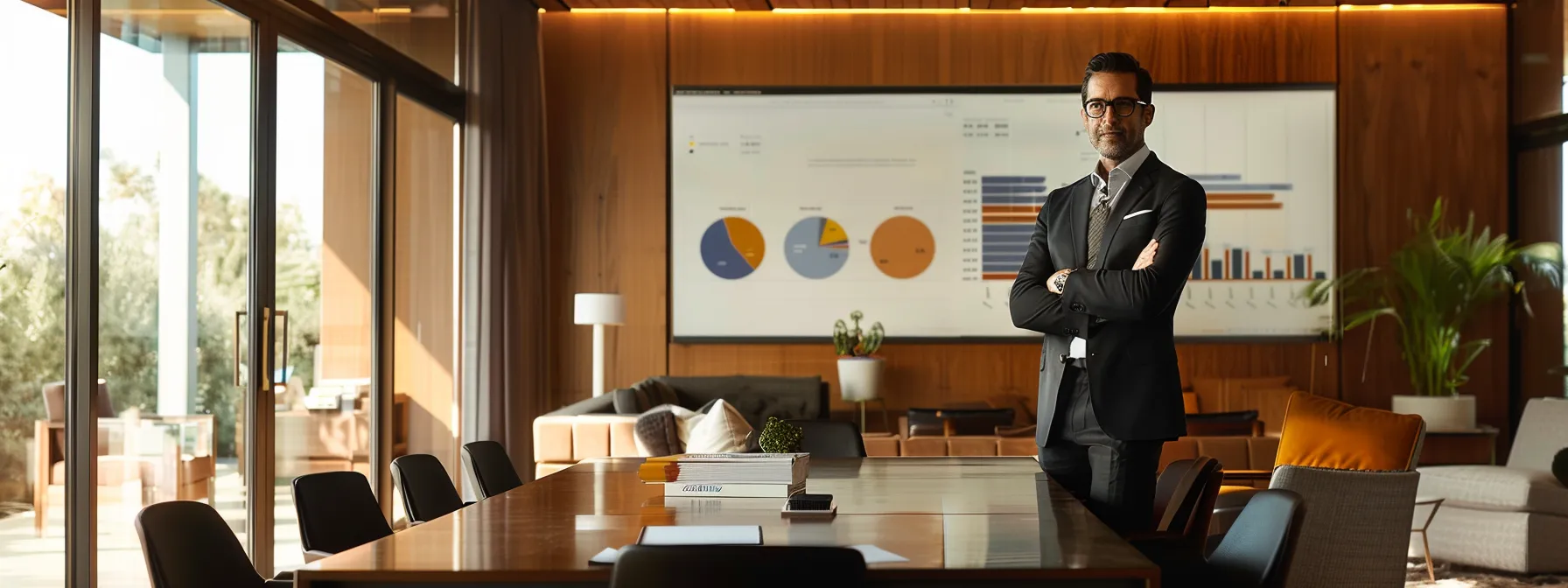 a sleek, modern office interior features a confident real estate agent standing beside a large, polished conference table, presenting detailed market graphs and luxury home listings surrounded by elegant decor, symbolizing the intricate purchasing process for high-end properties. a sleek, modern office interior features a confident real estate agent standing beside a large, polished conference table, presenting detailed market graphs and luxury home listings surrounded by elegant decor, symbolizing the intricate purchasing process for high-end properties.