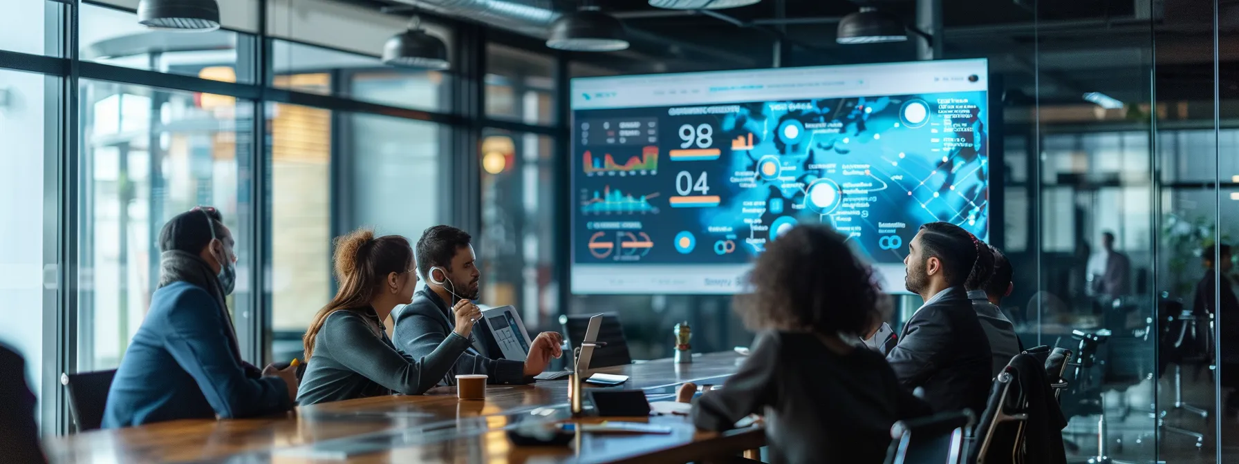 a sleek, modern office meeting room with a large screen displaying a detailed onboarding flowchart, while a diverse team of professionals discuss strategies, embodying collaboration and clear communication in the online reputation management process.