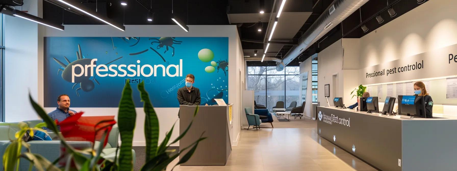 a sleek, modern office reception area features a large, bold sign reading 