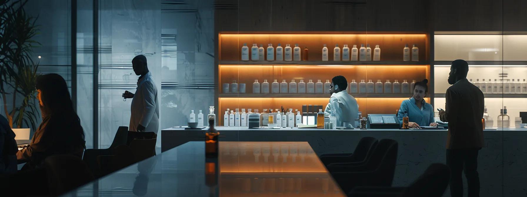 a sleek, modern office setting featuring a conference table with an array of thc-infused beverage bottles, surrounded by attentive hr professionals engaged in a serious discussion about workplace drug testing policies. a sleek, modern office setting featuring a conference table with an array of thc-infused beverage bottles, surrounded by attentive hr professionals engaged in a serious discussion about workplace drug testing policies.