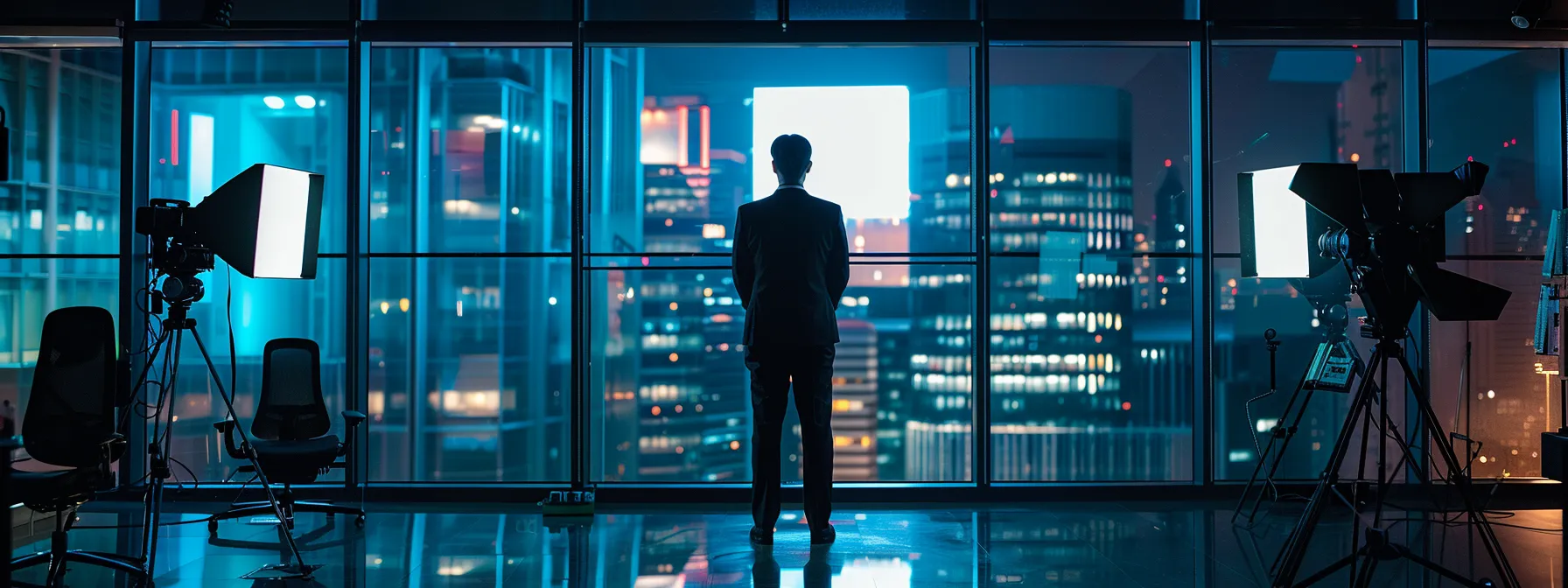a sleek, modern office set up for a lively tv interview, featuring a confident spokesperson illuminated by bright studio lights, surrounded by high-tech cameras and vibrant promotional graphics, embodying the dynamic influence of television on marketing strategy.