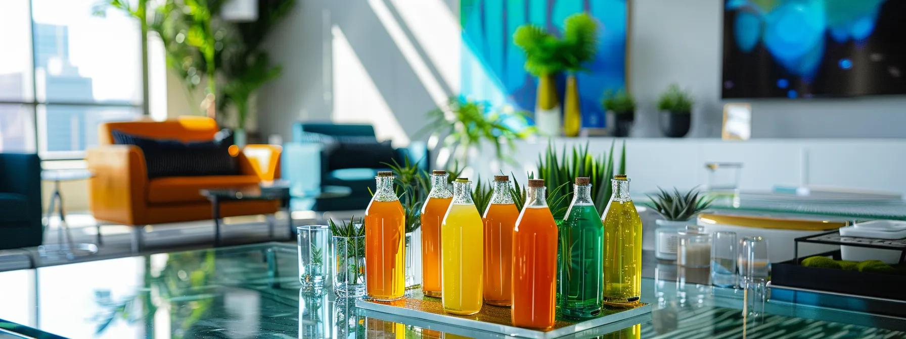 a sleek, modern office setting features a stylish glass table with a variety of colorful thc-infused beverages, surrounded by health-focused decor that emphasizes wellness and a smoke-free lifestyle. a sleek, modern office setting features a stylish glass table with a variety of colorful thc-infused beverages, surrounded by health-focused decor that emphasizes wellness and a smoke-free lifestyle.