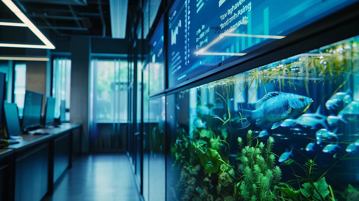 a sleek, modern office setting showcases a transparent fish tank prominently featuring an energy-efficient filter, with digital screens displaying real-time energy metrics in vibrant colors, emphasizing sustainability and performance. a sleek, modern office setting showcases a transparent fish tank prominently featuring an energy-efficient filter, with digital screens displaying real-time energy metrics in vibrant colors, emphasizing sustainability and performance.