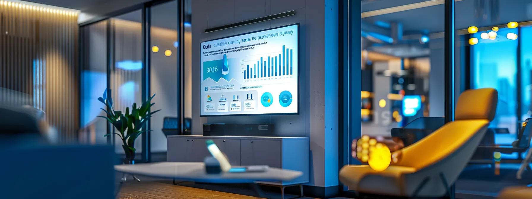 a sleek modern office setting features a large digital display showcasing a striking infographic that highlights the impact of alcohol and medication on liver health, with a focus on ggt levels, illuminated by bright, focused lighting to emphasize the importance of managing these factors.