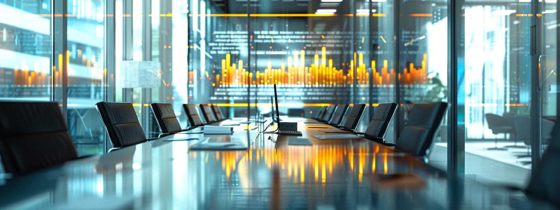 a sleek, modern office setting features a large conference table adorned with polished comparative tables and detailed lists, showcasing new horizons tree experts' service excellence through organized, visually engaging charts and infographics.