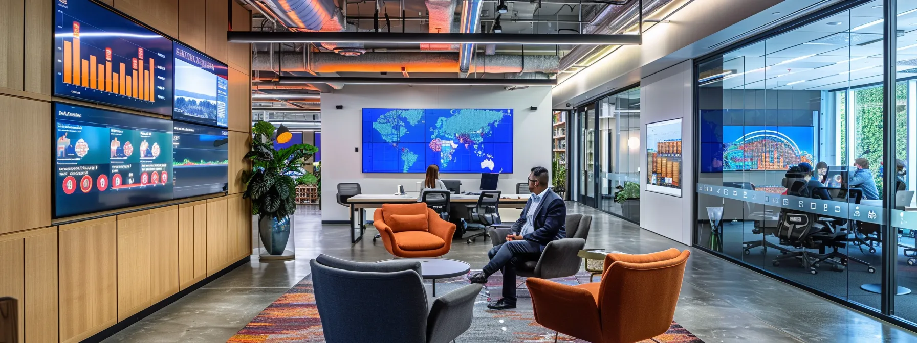 a sleek, modern office setting features a diverse team of seo specialists collaborating over digital devices, showcasing vibrant graphs and analytics on screens that highlight their strategic approach to enhancing online visibility for clients.