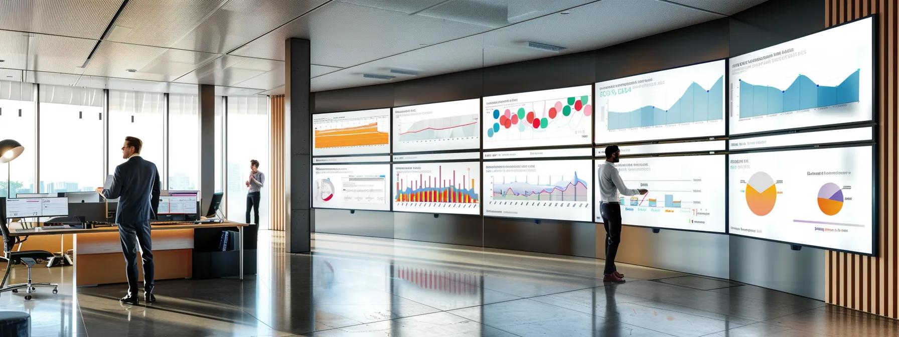a sleek, modern office setting features a professional examining detailed performance analytics on multiple high-resolution screens, highlighting graphs and metrics that drive strategic website improvements.