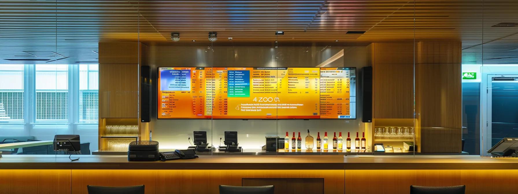 a sleek, modern office setting features a large digital screen displaying a vibrant infographic comparison of drink package costs from carnival, royal caribbean, and princess, illuminated by soft, focused lighting that highlights the intricate details of each package's benefits.