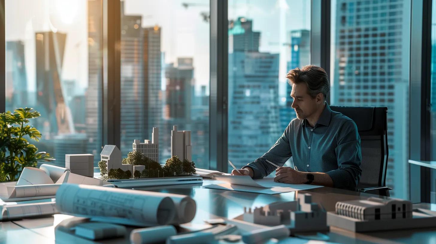 a sleek, modern office setting featuring a thoughtful professional reviewing construction blueprints and licensing documents on a polished conference table, surrounded by architectural models and a large cityscape view through the window.