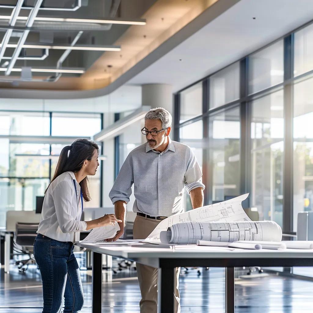 a sleek, modern office setting featuring a professional general contractor engaged in a focused discussion with clients, surrounded by blueprints and project plans, highlighting the importance of expertise and collaboration in construction projects.