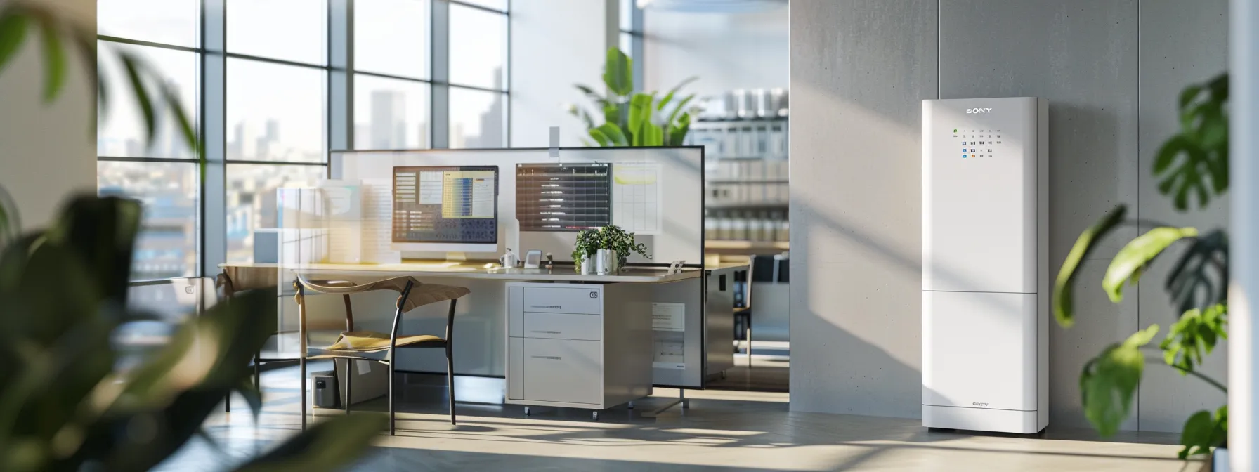 a sleek, modern office setting showcases a sophisticated solar hot water system prominently displayed on a minimalist desk, with a high-tech screen in the background illustrating key innovations and energy savings statistics. a sleek, modern office setting showcases a sophisticated solar hot water system prominently displayed on a minimalist desk, with a high-tech screen in the background illustrating key innovations and energy savings statistics.