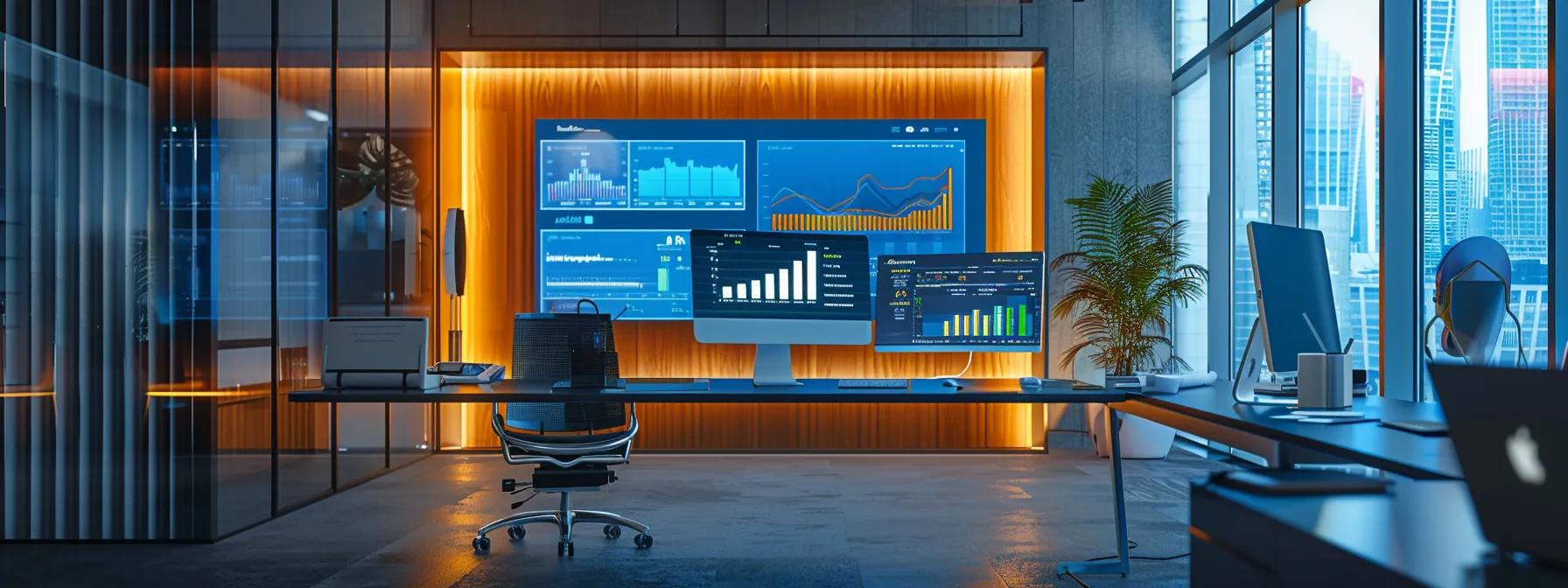 a sleek, modern office setting showcases a large digital dashboard displaying real-time analytics and data visualizations of the leading aml software vendors, highlighting their unique features and market strengths, under professional fluorescent lighting that enhances the technological ambiance.
