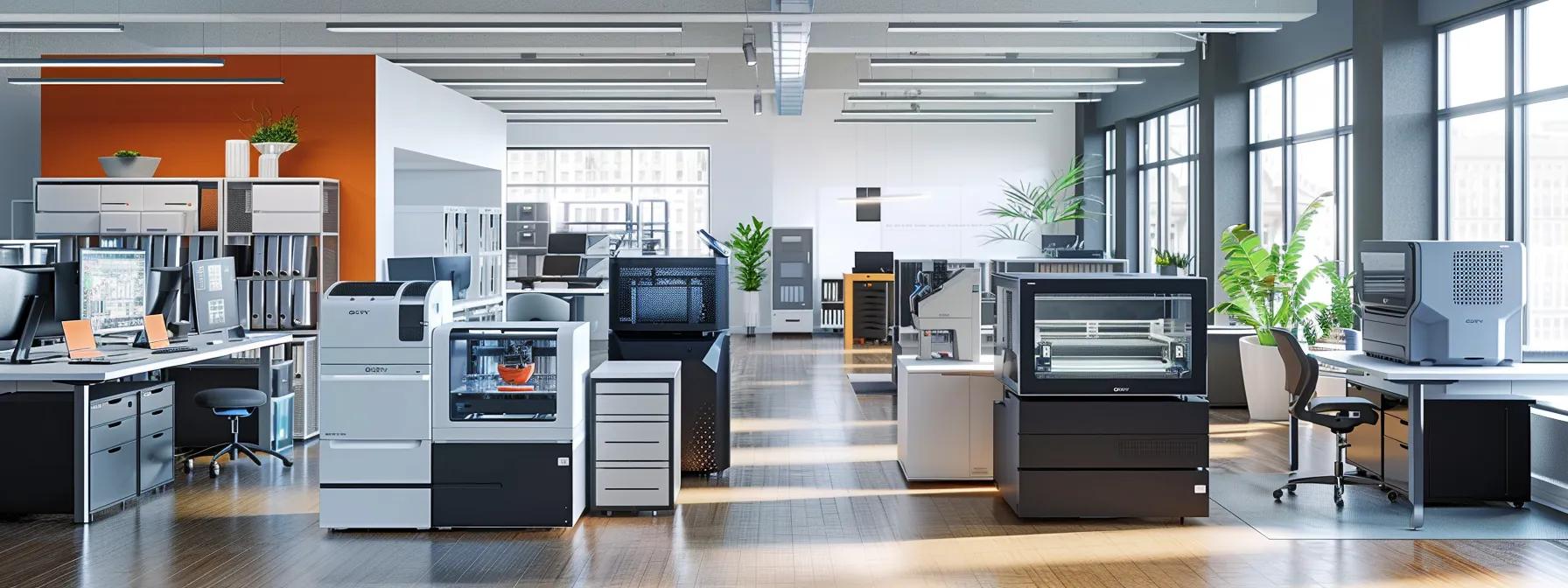 a sleek, modern office setting features a variety of 3d printers showcasing their distinct designs and capabilities, illustrating the spectrum of prices and technologies available for different industries.
