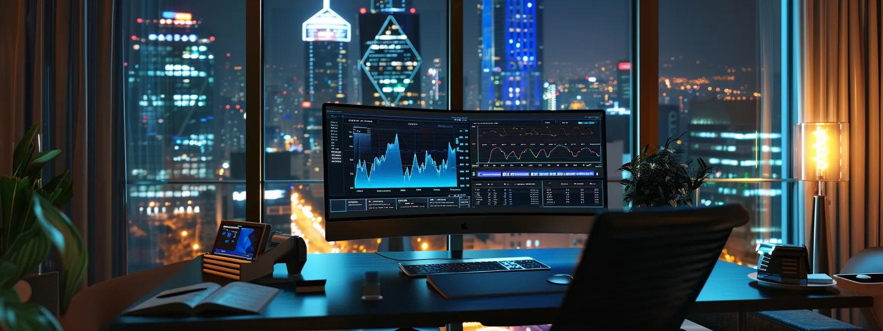 a sleek, modern office setting featuring a computer screen displaying a detailed comparison of mortgage aprs, with an array of colorful graphs and charts highlighting the differences in loan costs against a neutral backdrop.