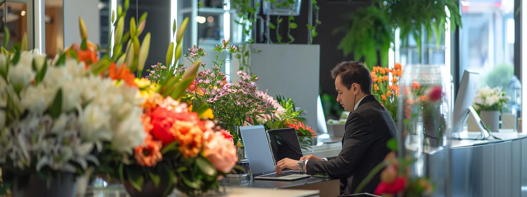 a sleek, modern office setting displays a vibrant array of flower arrangements on elegant display stands, while a user interacts with a laptop and smartphone, illustrating the convenience of same-day flower delivery options in dubai.
