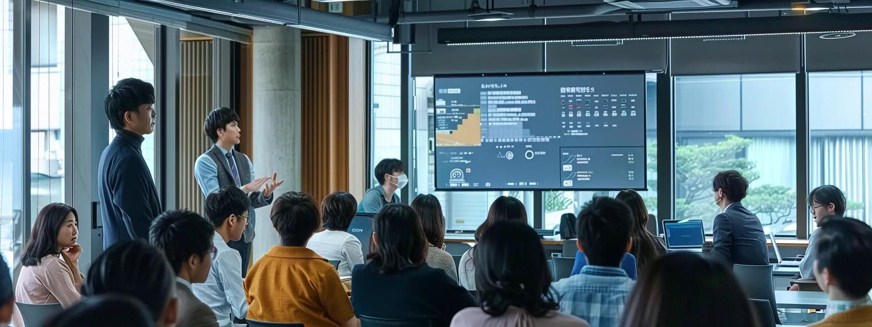 a sleek, modern office setting showcases a diverse group of martial arts school administrators engaged in a lively discussion around a high-tech software interface displayed on a large screen, emphasizing user experience and platform features that enhance engagement and operational efficiency.