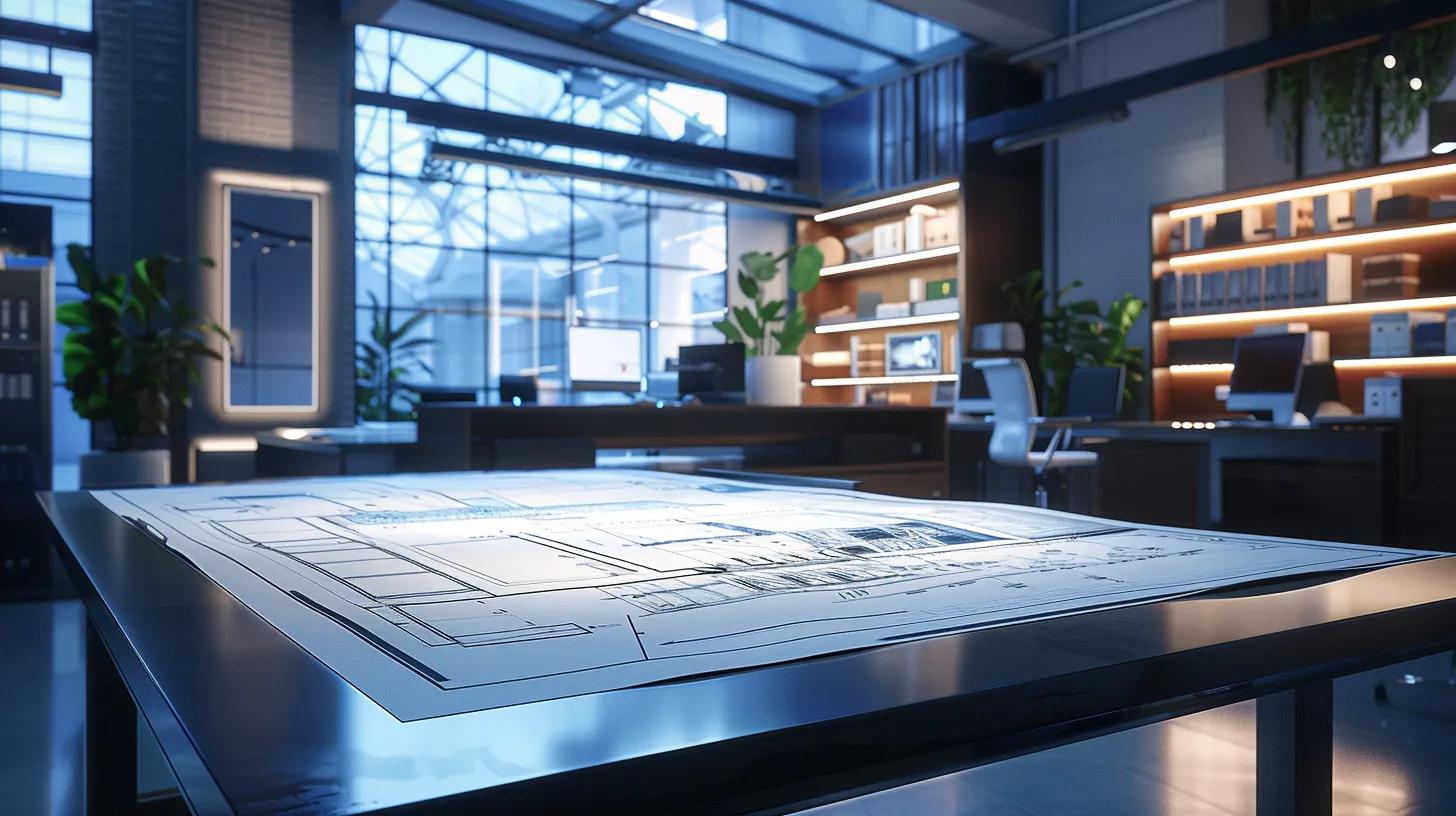 a sleek, modern office showcasing a detailed architectural blueprint of a skylight installation on a large table, illuminated by focused artificial lighting, with digital tools and energy efficiency reports prominently displayed in a professional atmosphere.