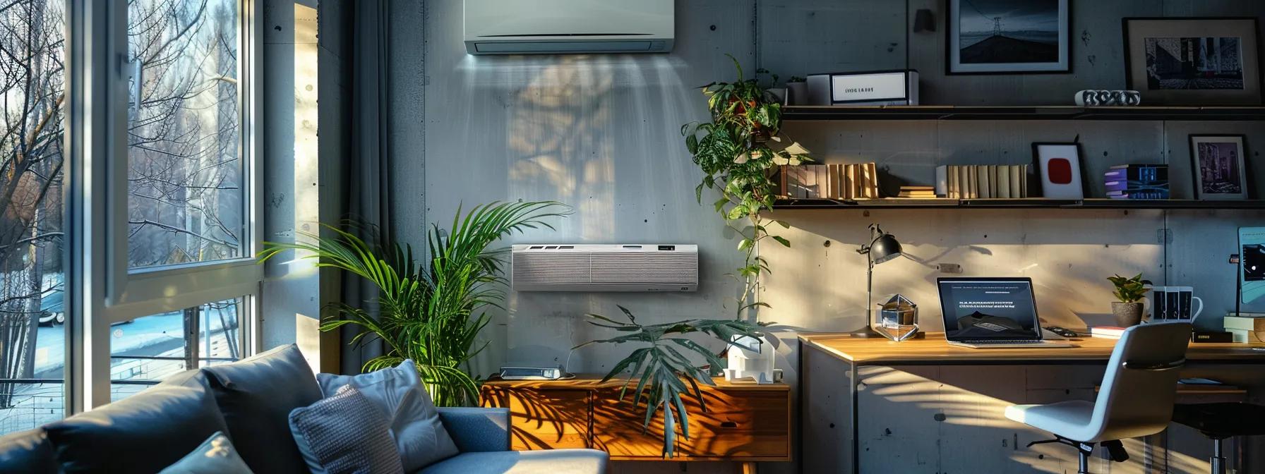 a sleek, modern office showcasing a high-efficiency mini-split air conditioning unit on a wall, surrounded by stylish winter decor, emphasizing its capability to enhance comfort during massachusetts' harsh winters. a sleek, modern office showcasing a high-efficiency mini-split air conditioning unit on a wall, surrounded by stylish winter decor, emphasizing its capability to enhance comfort during massachusetts' harsh winters.