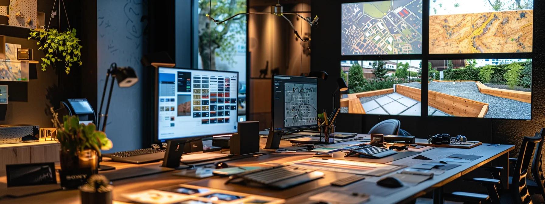 a sleek, modern office showcasing a detailed presentation on stamped concrete applications, featuring vibrant samples and cost analysis charts, illuminated by bright, focused lighting to emphasize the innovative design and material durability.