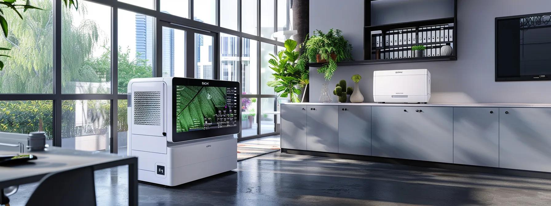 a sleek, modern office showcasing an energy-efficient cooling system in action, with a digital display highlighting significant savings on utility bills against a backdrop of sophisticated technology.