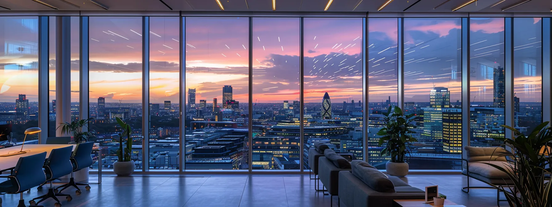 a sleek, modern office skyline at dusk glows with illuminated windows and vibrant screens, showcasing a dynamic atmosphere of innovation and collaboration in the heart of a bustling metropolis.