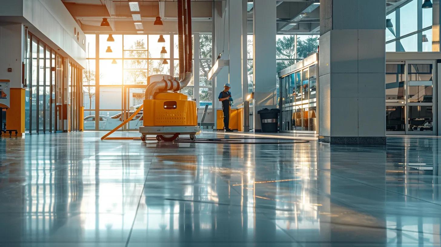a sleek, modern office space features a professional cleaning crew diligently using advanced equipment to meticulously scrub surfaces and sanitize areas, showcasing the high standards and tailored services of a reliable cleaning company during spring upkeep.