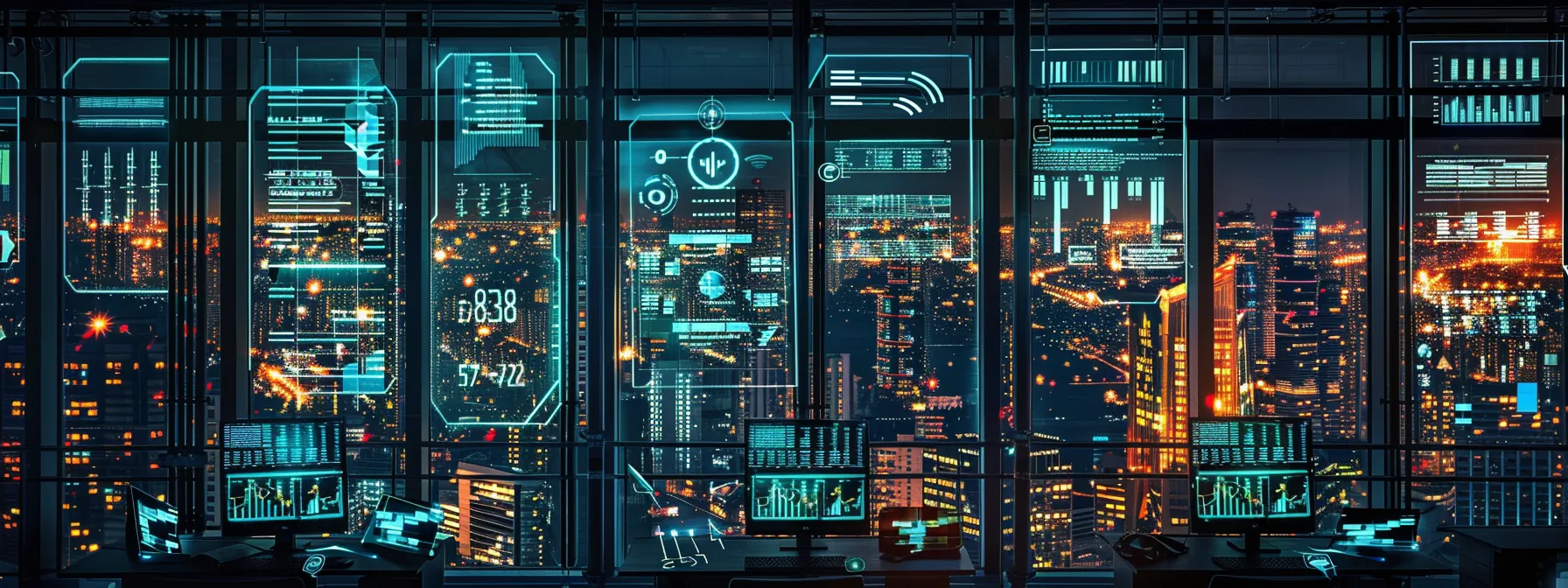 a sleek, modern office space filled with vibrant digital screens displaying intricate data visualizations, illuminated by cool artificial lighting that highlights the dynamic atmosphere of a tech-driven workspace.