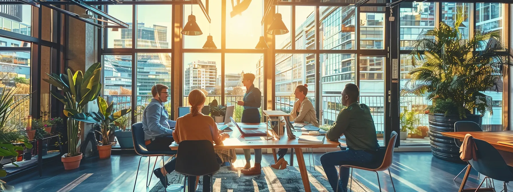 a sleek, modern office space featuring large glass windows and sophisticated furnishings, filled with professionals engaged in dynamic discussions around a high-tech conference table.