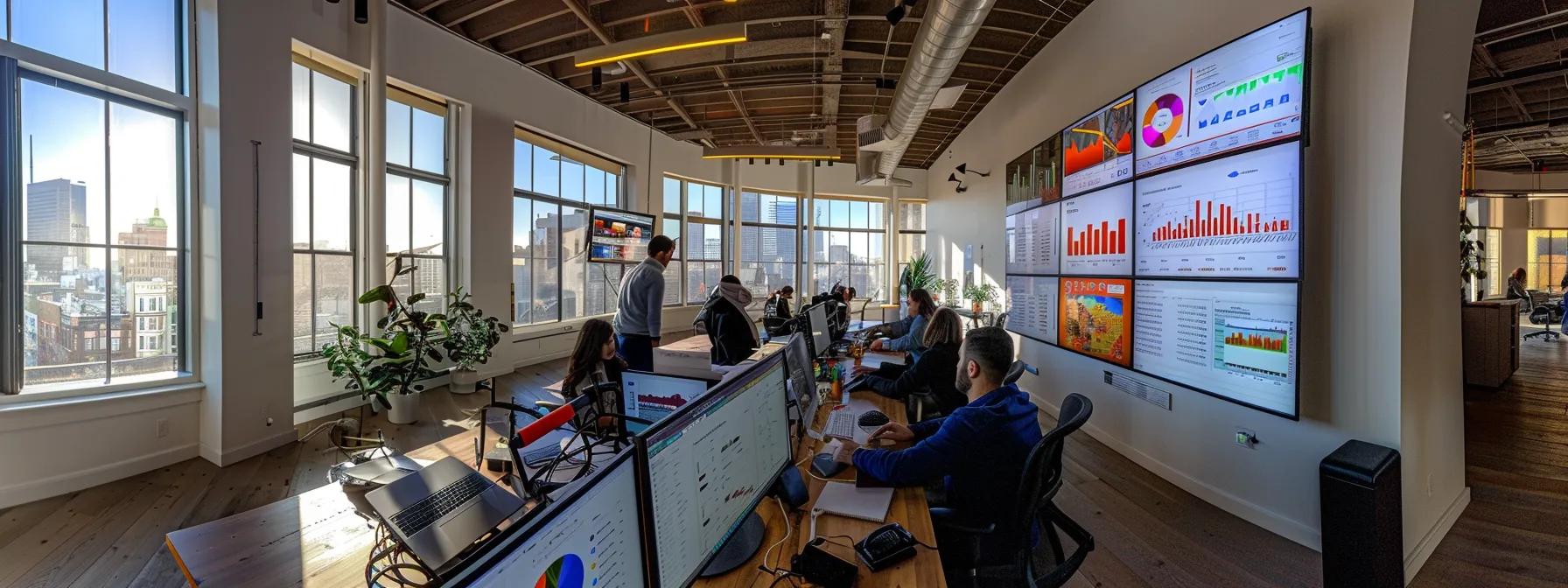 a sleek, modern office space filled with digital marketing professionals intensely analyzing data on multiple screens, showcasing vibrant graphs and charts that represent advanced google advertising cost models and strategies.
