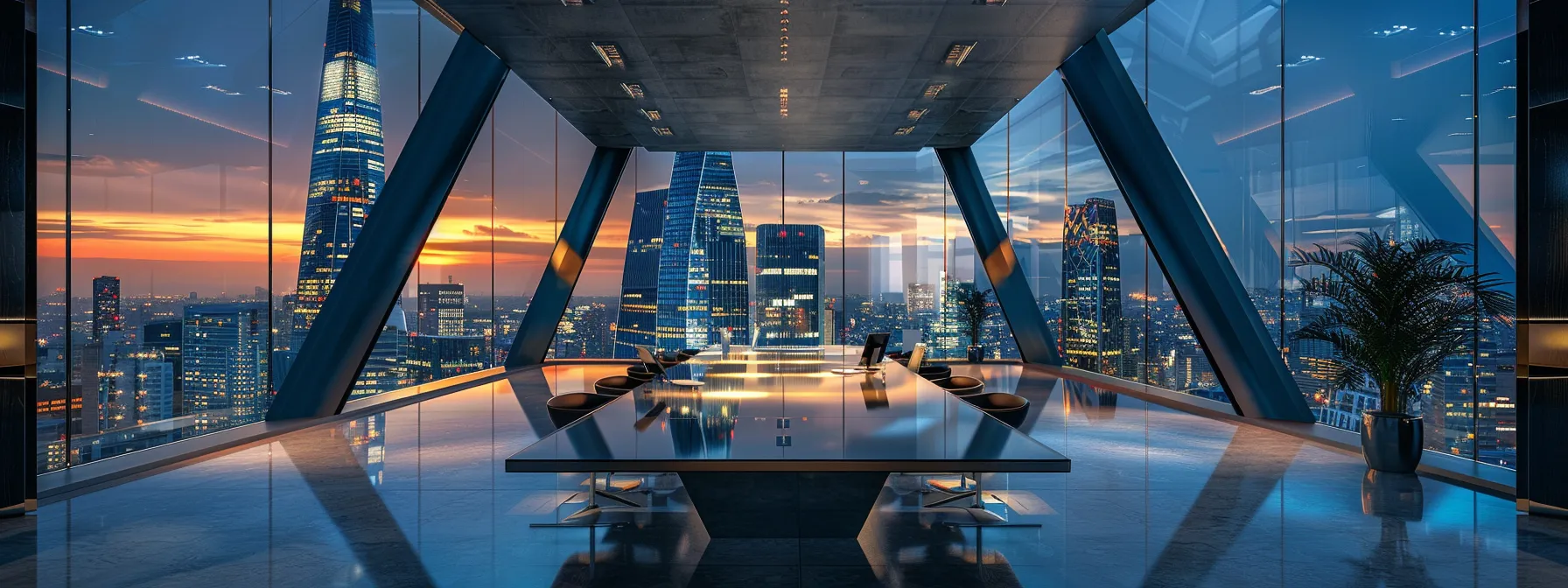 a sleek, modern office space with minimalistic design features sharp angles and soft ambient lighting, highlighted by a large glass conference table reflecting the city skyline through expansive windows.