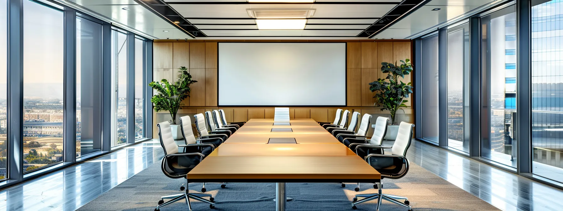 a sleek, modern office space features a polished conference table surrounded by high-backed chairs, illuminated by dramatic overhead lights and showcasing a dynamic digital presentation on a large screen, emphasizing a collaborative business atmosphere.