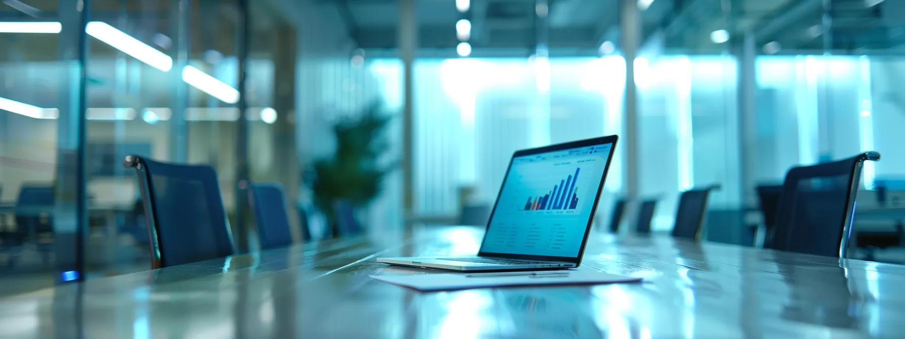 a sleek, modern office space features a polished conference table with an open laptop displaying a vibrant cost comparison chart of 3d printing materials, illuminated by dynamic led lights, emphasizing innovation and technological advancement.