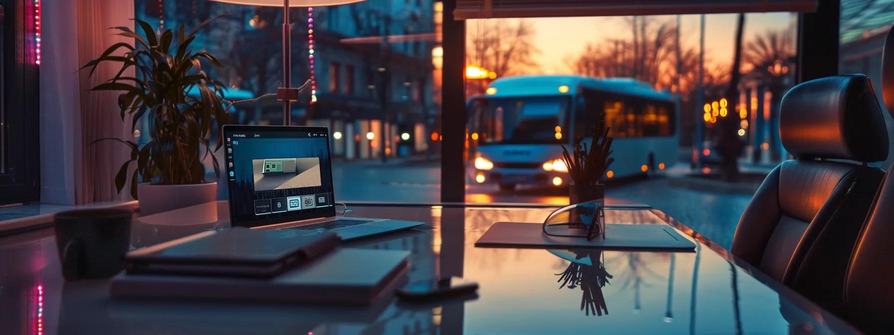 a sleek, modern office space showcases a user effortlessly booking a luxury mini bus rental on a laptop, illuminated by soft artificial lighting that emphasizes a seamless digital interface filled with clear service options and transparent pricing. a sleek, modern office space showcases a user effortlessly booking a luxury mini bus rental on a laptop, illuminated by soft artificial lighting that emphasizes a seamless digital interface filled with clear service options and transparent pricing.