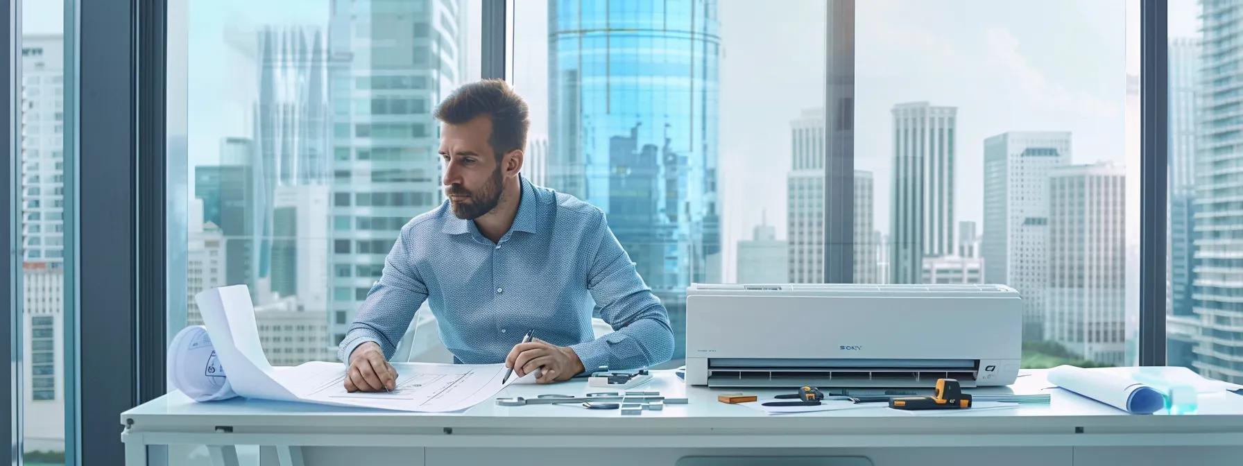 a sleek, modern office space showcasing a professional hvac technician meticulously analyzing a complex commercial air conditioning system, with blueprints and tools strategically organized on a contemporary desk, while large windows reveal an urban skyline in the background.