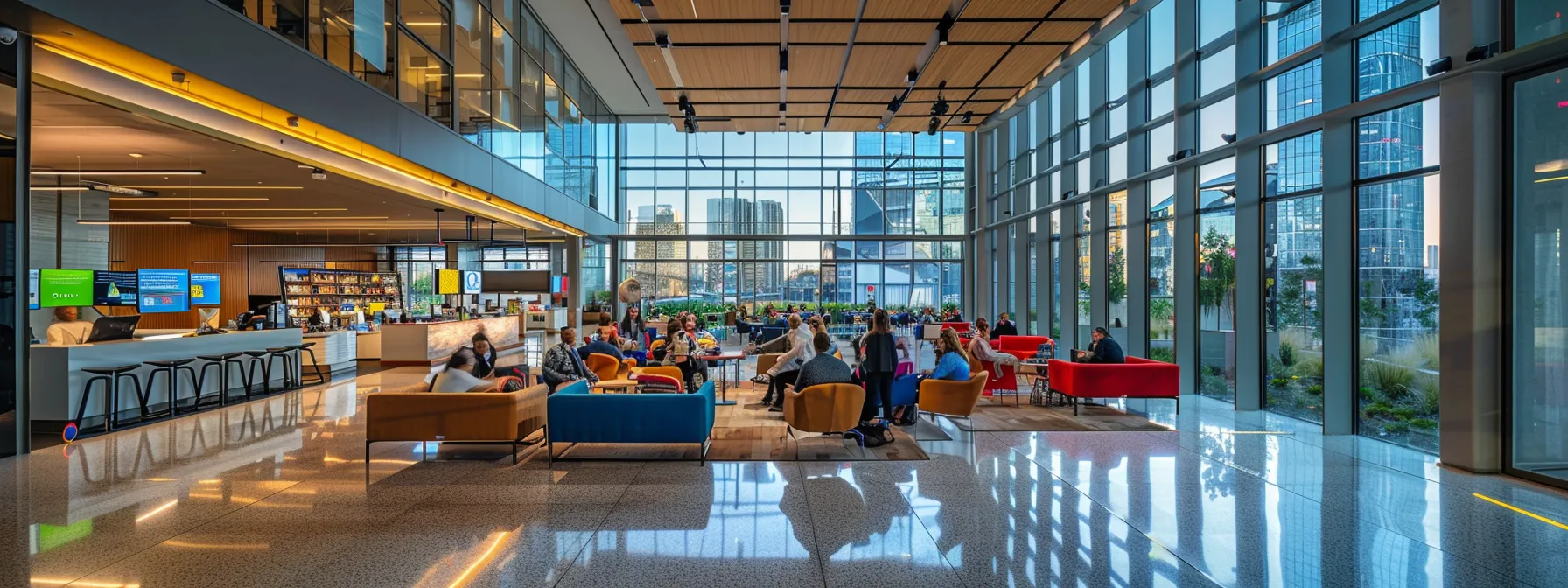 a sleek, modern office space with floor-to-ceiling windows showcases a bustling team engaged in a dynamic brainstorming session, filled with vibrant colors from digital displays and creative materials scattered across a large glass table.