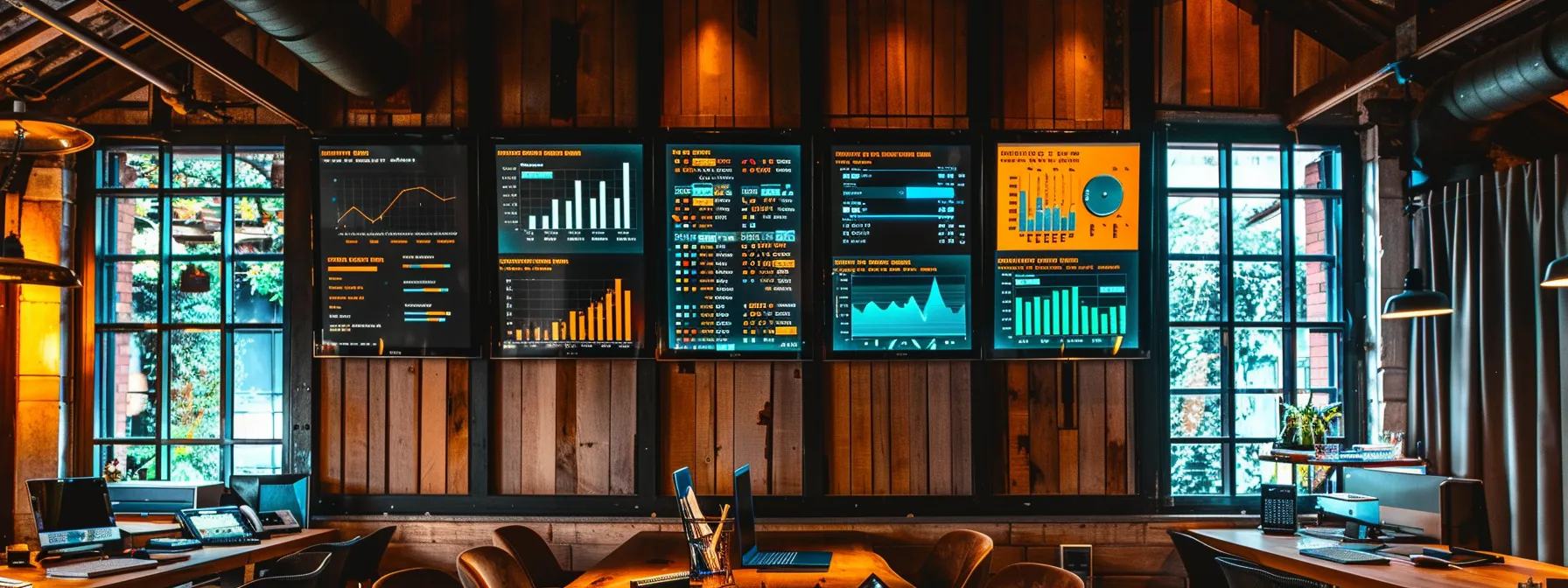 a sleek, modern office space filled with vibrant digital dashboards and analytics displays, highlighting the dynamic process of tracking digital marketing campaigns to enhance a small business's online presence. a sleek, modern office space filled with vibrant digital dashboards and analytics displays, highlighting the dynamic process of tracking digital marketing campaigns to enhance a small business's online presence.