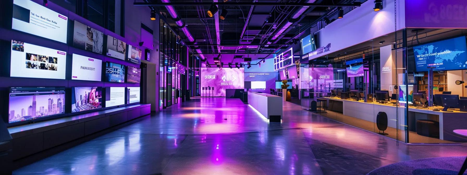 a sleek, modern office space filled with digital screens displaying ai-driven marketing analytics, voice search optimization stats, and immersive ar/vr product demos, highlighting the future of digital marketing strategies with a futuristic ambiance and vibrant lighting. a sleek, modern office space filled with digital screens displaying ai-driven marketing analytics, voice search optimization stats, and immersive ar/vr product demos, highlighting the future of digital marketing strategies with a futuristic ambiance and vibrant lighting.