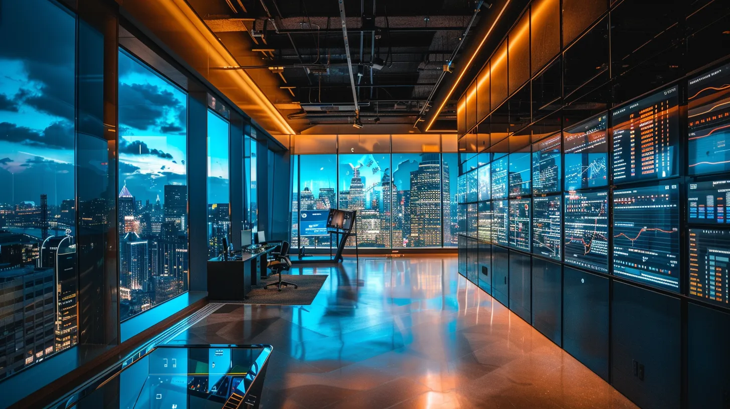 a sleek, modern office space is illuminated by dynamic ambient lighting, showcasing an innovative workspace with an expansive glass wall that reveals a bustling city skyline and a vibrant display of digital analytics on multiple screens.