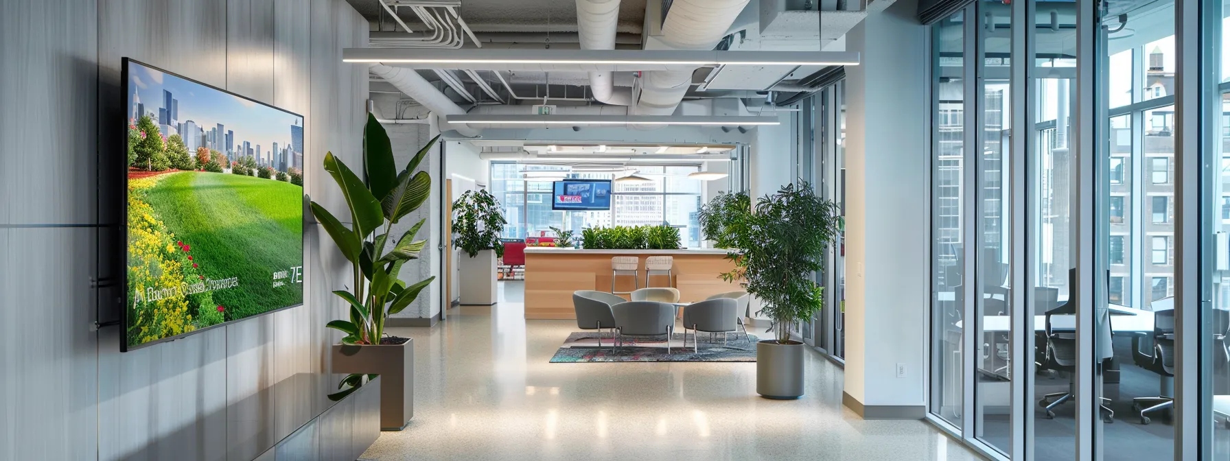 a sleek, modern office space showcases a professional lawn service consultation in progress, with a digital presentation highlighting diverse lawn care options, customer testimonials, and vivid before-and-after images of transformative landscaping projects displayed on a high-resolution screen. a sleek, modern office space showcases a professional lawn service consultation in progress, with a digital presentation highlighting diverse lawn care options, customer testimonials, and vivid before-and-after images of transformative landscaping projects displayed on a high-resolution screen.