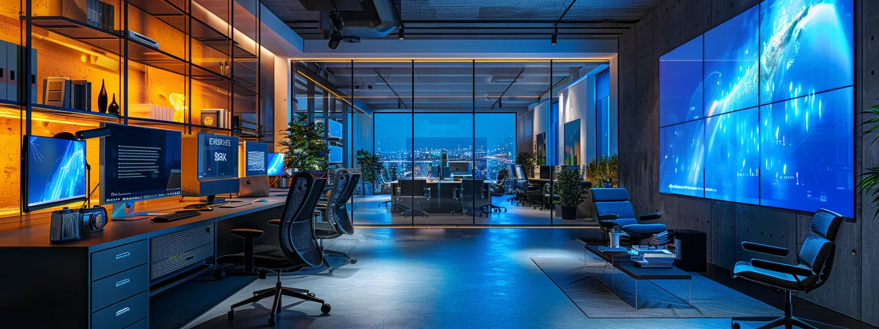 a sleek, modern office space features a vibrant digital screen showcasing innovative tech solutions, bathed in warm artificial lighting that emphasizes its dynamic, forward-thinking atmosphere.